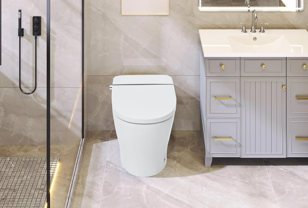 Heated Seat Smart Toilet without Bidet, Upmarket Compact Dual Flush Toilet 1,1.28 GPF, Tank less toilet with Adjustable Temp Heated Seat, Foot sensor Flush, White Night Light, Knob Control,Auto Flush