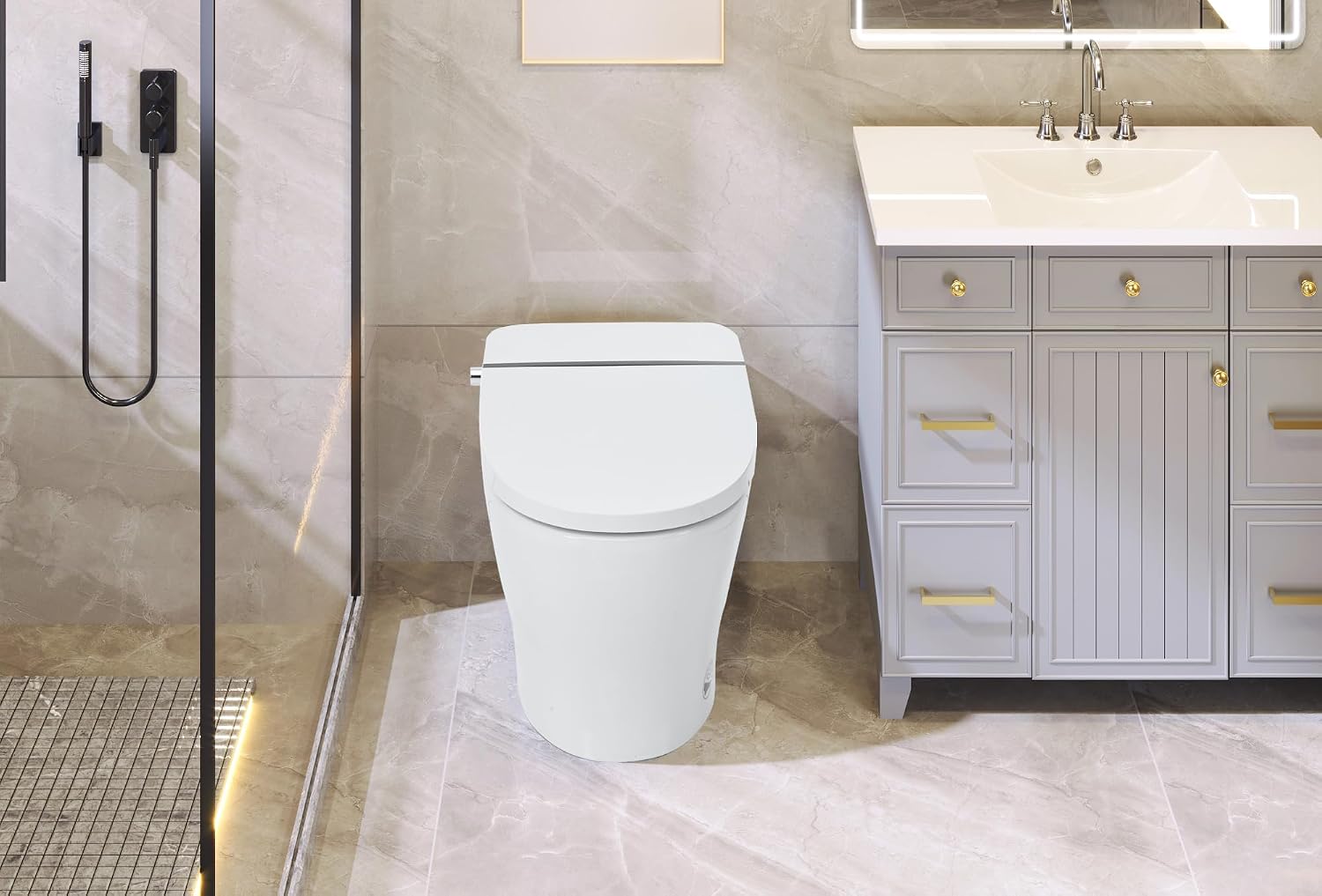 Heated Seat Smart Toilet without Bidet, Upmarket Compact Dual Flush Toilet 1,1.28 GPF, Tank less toilet with Adjustable Temp Heated Seat, Foot sensor Flush, White Night Light, Knob Control,Auto Flush
