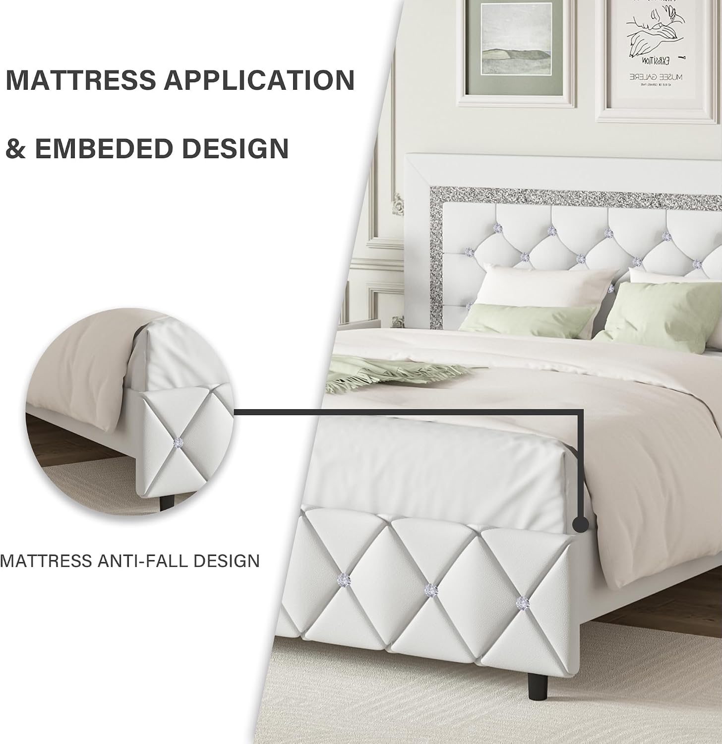 BarnFurin King Size Bed Frame and Headboard, Faux Leather Upholstered Bed with Diamond Tufted Design, Modern Platform Bed Frame with Wooden Slats Support, No Box Spring Required, Easy Assembly, White