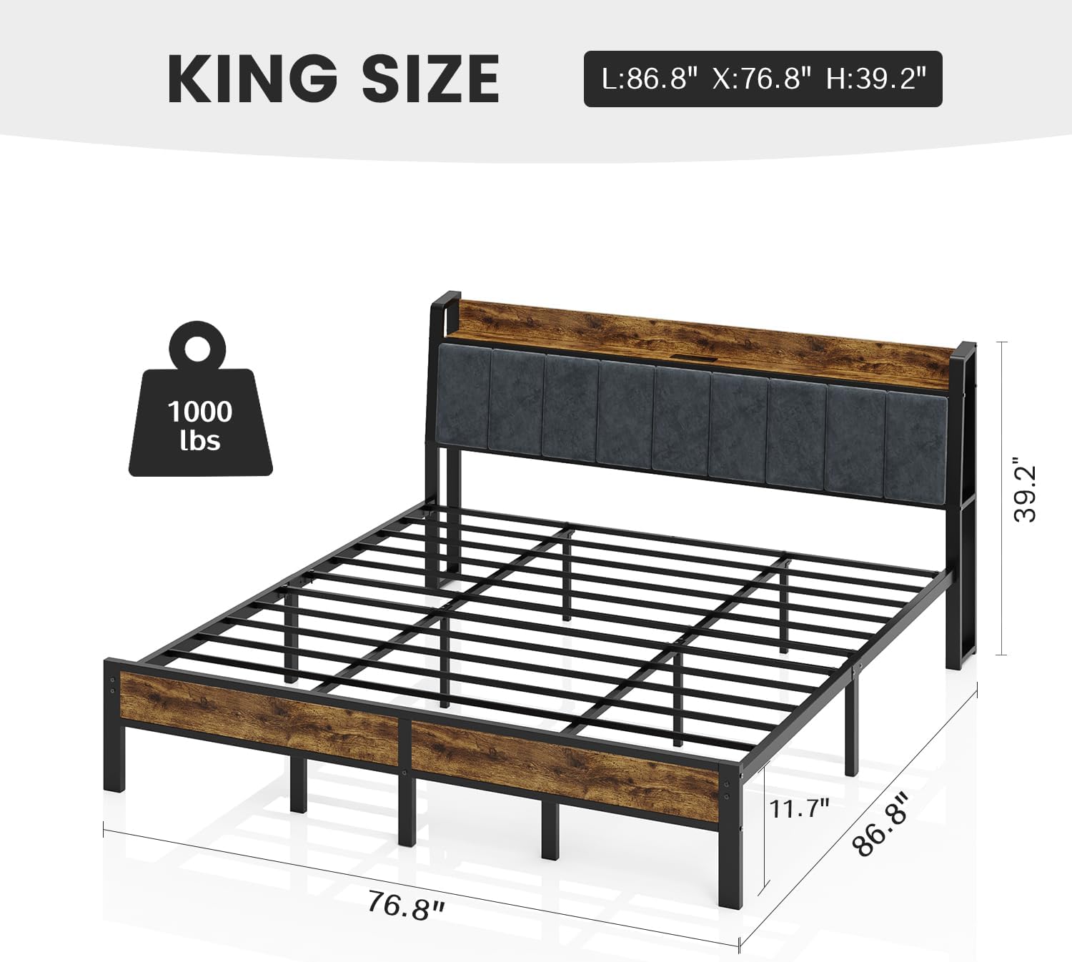 King Size Bed Frame with USB Charging Station, Storage Headboard with Smart LED Lights, Metal Platform Bed Noise Free, No Box Spring Needed, Easy Assembly