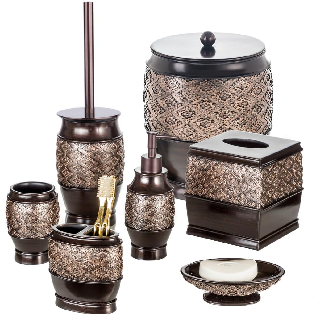 Creative Scents Dublin Brown Bathroom Accessories Set with Trash Can – 7-Piece Decorative Set: Wastebasket with Lid, Toilet Brush, Soap Dispenser, Tissue Cover, Soap Dish, Tumbler & Toothbrush Holder