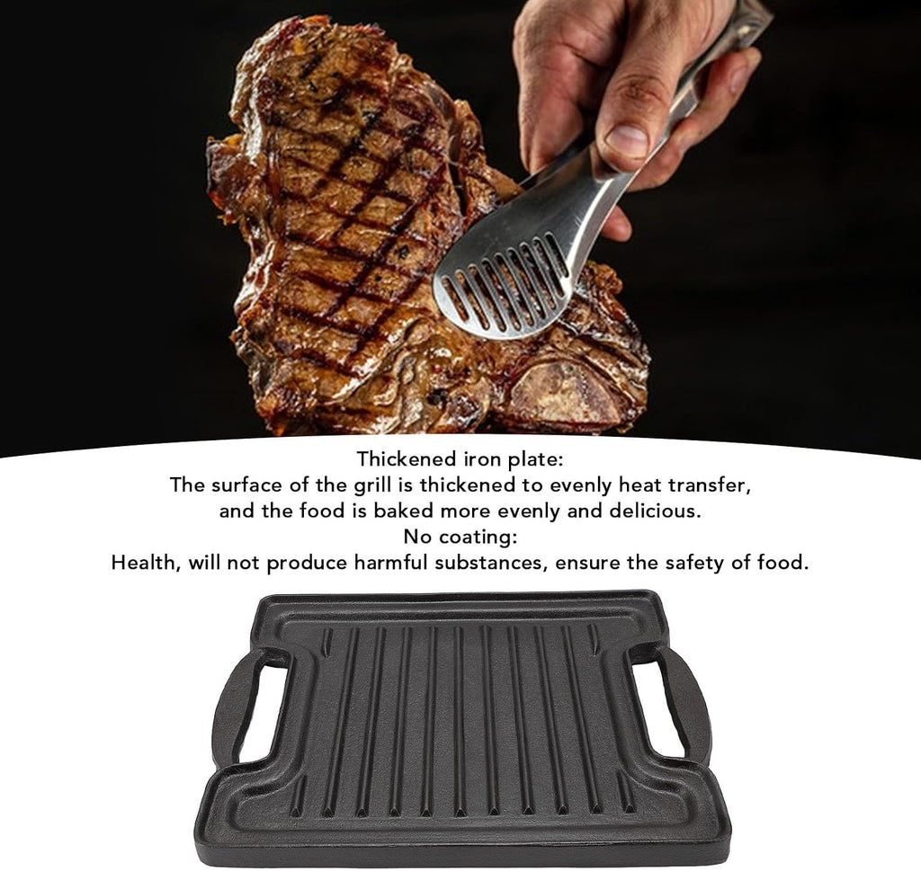 Cast Iron Grill Pan, Cast Iron Rectangular Even Heating Grilling Plate Cast Iron Griddle Stove Top Grill With BBQ Grill Plate for Meats Seafood Vegetables
