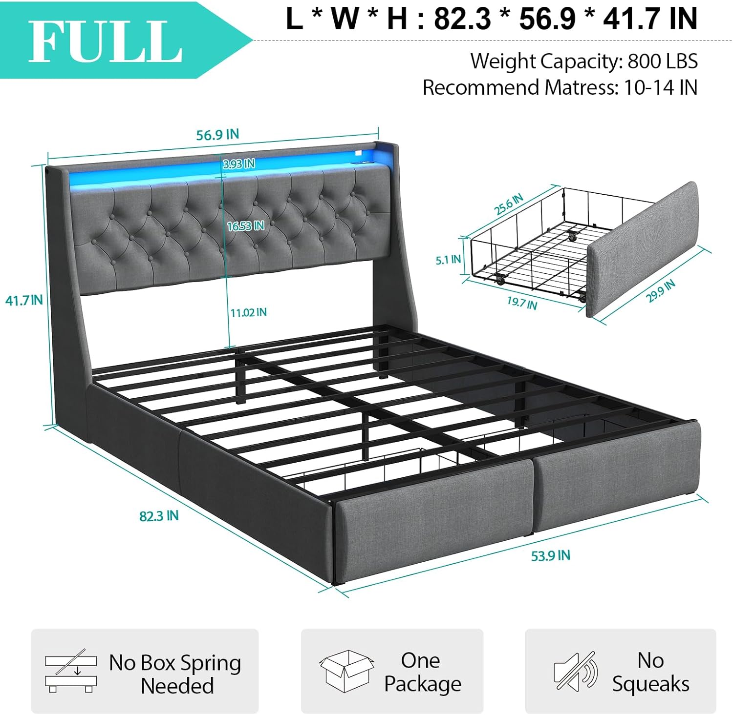 Doltoro Full Size Bed Frame with Headboard and 2 Storage Drawers, Upholstered Wingback Full Size Platform Bed Frame with Charging Station & LED, Noise Free, No Box Spring Needed, Easy Assembly, Gray