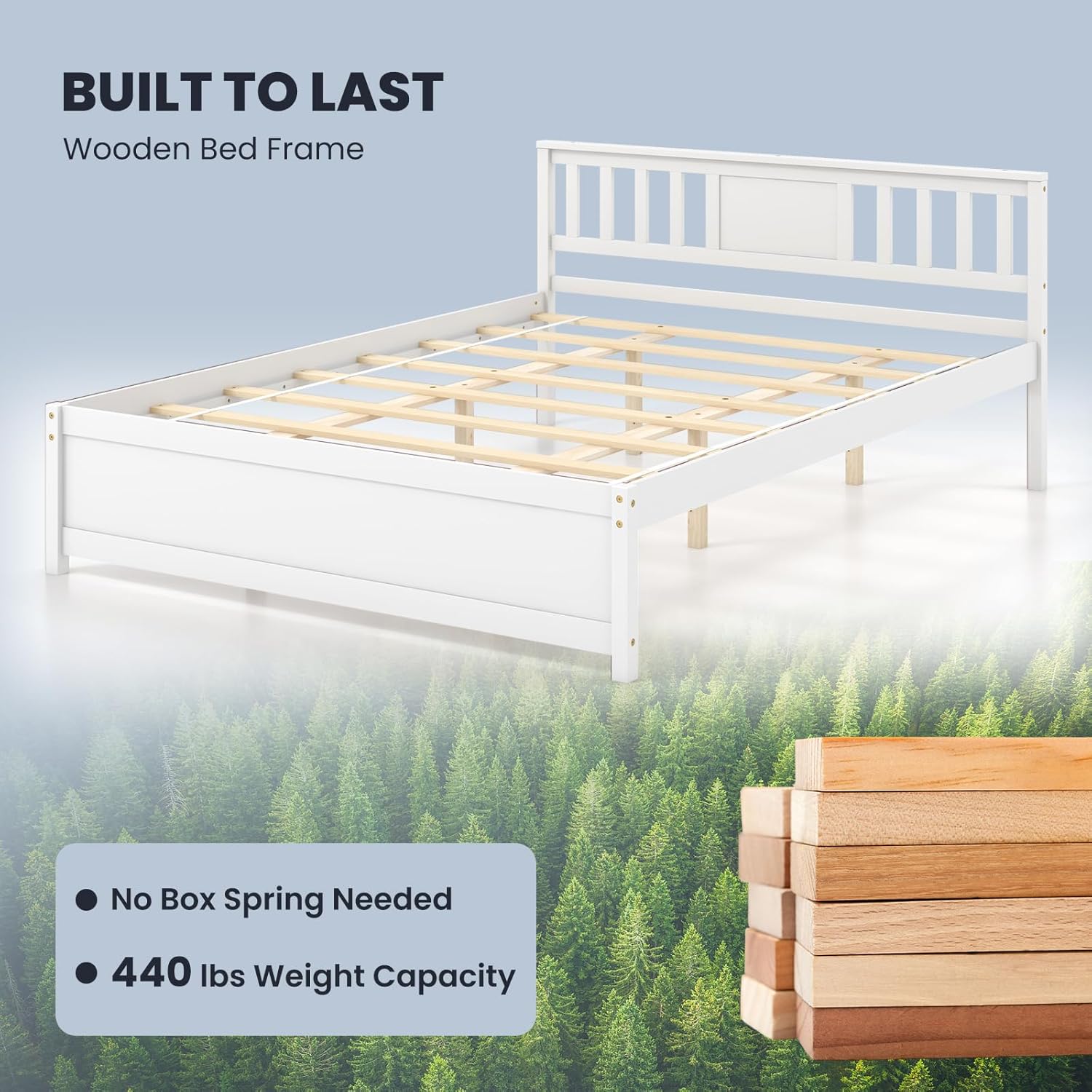 Giantex Queen Size Solid Wood Platform Bed Frame, Mid Century Queen Bed Frame with Headboard, Wooden Slat Support, Queen Panel Bed, No Box Spring Needed, Easy Assembly, White