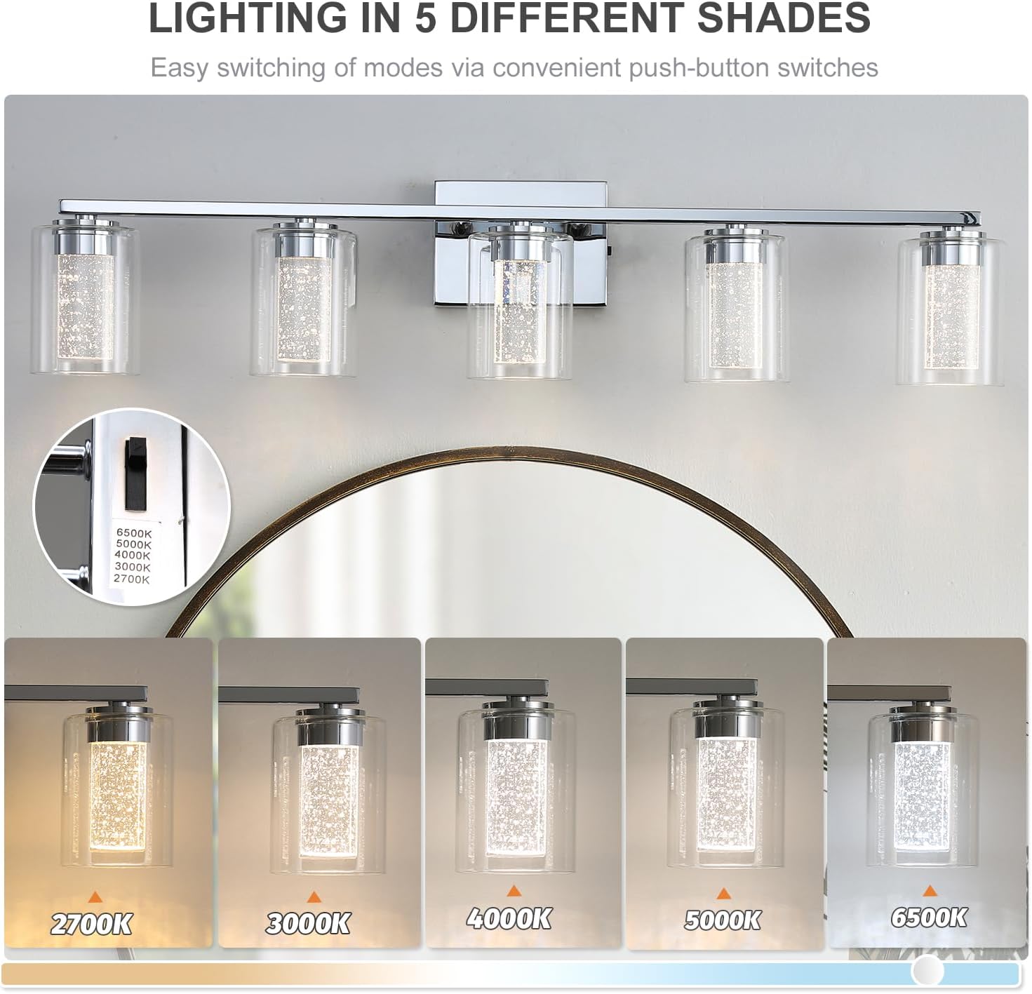 EMONG 5-Light Chrome Bathroom Light Fixtures,Dimmable 5CCT LED Vanity Lights with Clear Glass,2700K-6500K Adjustable Crystal Bubble Bathroom Lights Over Mirror for Hallway,Living Room