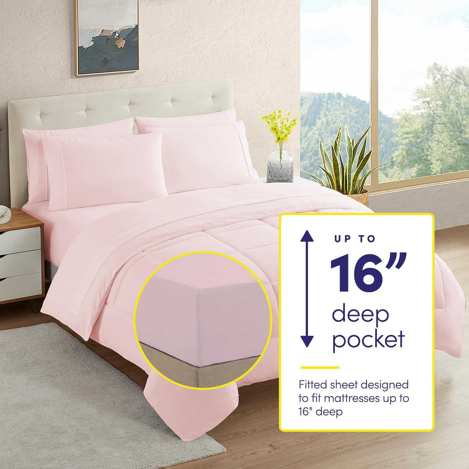Sweet Home Collection 7 Piece Comforter Set Bag Solid Color All Season Soft Down Alternative Blanket & Luxurious Microfiber Bed Sheets, Pale Pink, Twin XL (Pack of 4)
