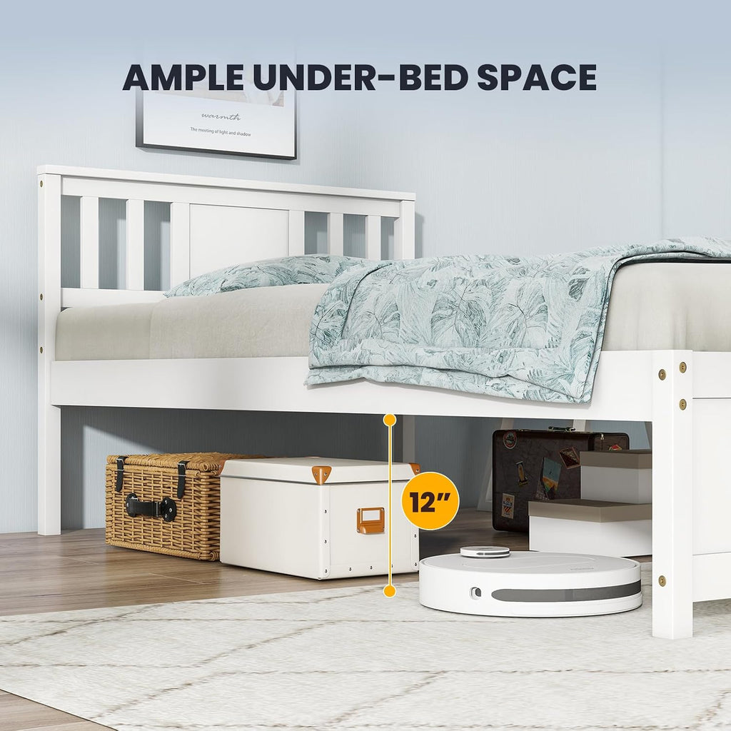 Giantex Wood Twin Bed Frames with Headboard, Mid Century Solid Wood Platform Bed with Wood Slat Support, Single Panel Bed, No Box Spring Needed, Twin Bed Frames for Kids, White