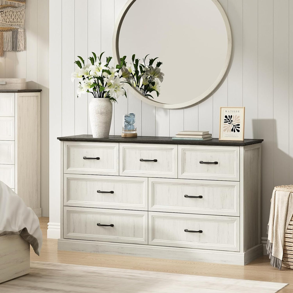 CARPETNAL Farmhouse Dresser and Nightstand Sets for Bedroom, 3 Pcs Bedroom Set, 7 Drawer Dresser & Nightstand Set of 2, Modern Wood Chest of Drawers for Bedroom, Living Room, Entryway, White