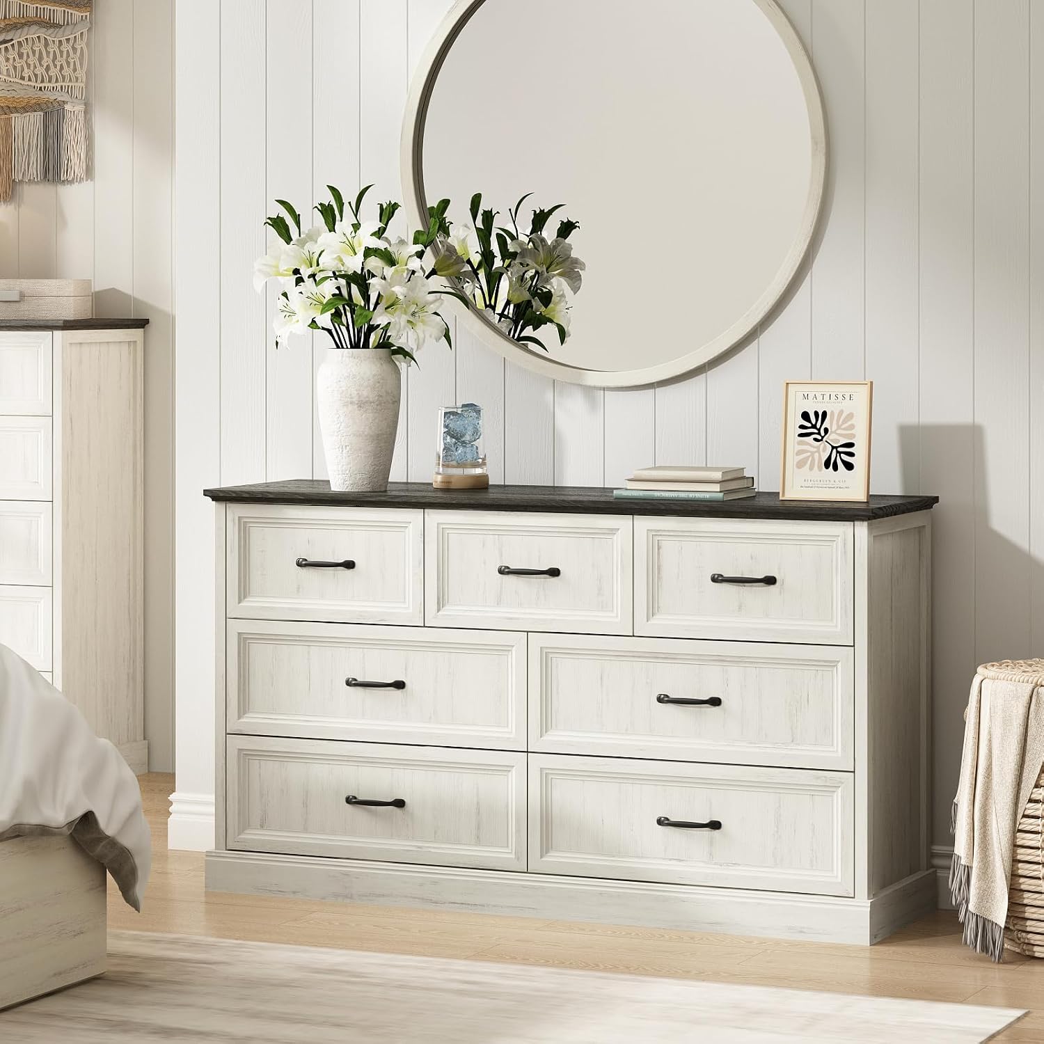 CARPETNAL Farmhouse Dresser and Nightstand Sets for Bedroom, 3 Pcs Bedroom Set, 7 Drawer Dresser & Nightstand Set of 2, Modern Wood Chest of Drawers for Bedroom, Living Room, Entryway, White