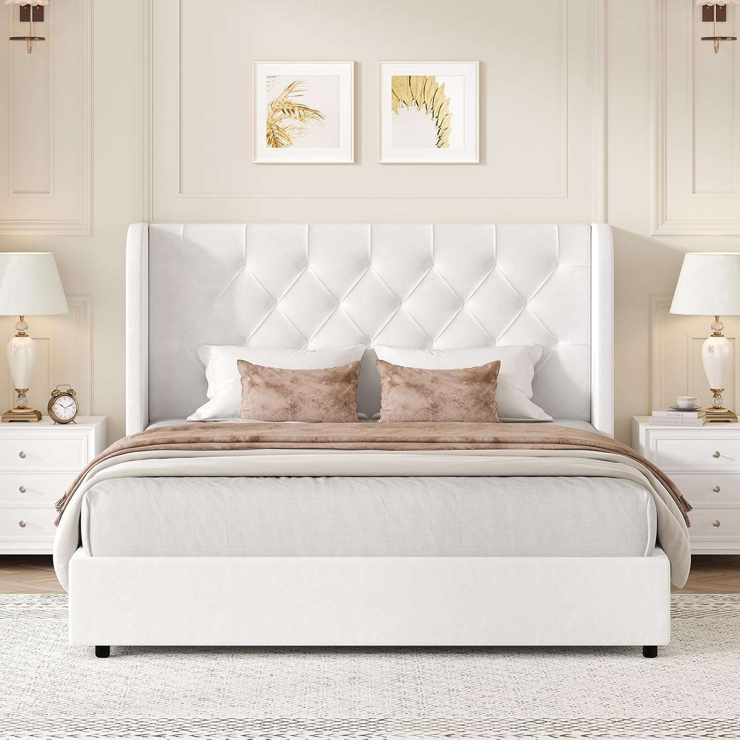 HOMBCK White Queen Bed Frame, Velvet Upholstered Platform Bed Frame with Headboard, Curved Wingback Design, Wooden Slats, No Box Spring, Noise Free, Easy Assembly