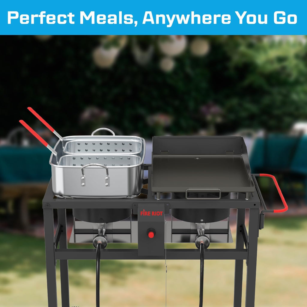 FIRE RIOT Outdoor Propane Deep Fryer and Griddle Combo, Portable 2-in-1 Cooking Station with Double Burner Propane Stove and Wheels, Ideal for Outdoor BBQ, Camping, and Tailgating