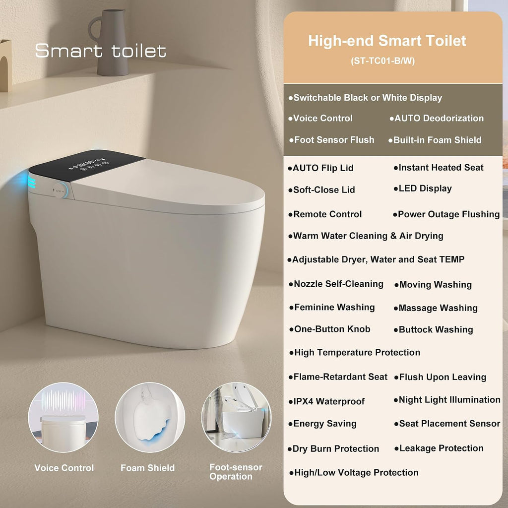 Smart Toilet with Bidet Built In, One-piece Heated Bidet Toilet Seat, Foam Sheild Deodorization, Foot Sensor Flushing, Multi-Functional Remote Control, Night Light, LED Display, Black