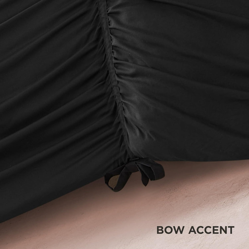 Juicy Couture Ribbon Ruched 3 Piece King Comforter Set, Black Bedding Ensemble