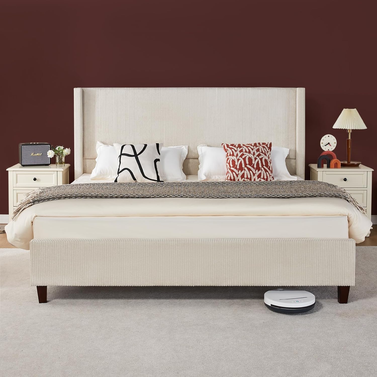 VanAcc King Size Platform Bed Frame, 50.8' Corduroy Upholstered Bed with Vertical Channel Tufted Headboard/Wooden Slats/Wingback/No Box Spring Required/Beige