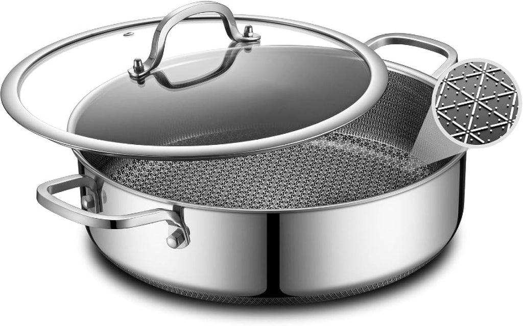 Frying Pans Nonstick with Lid,hybrid Non Stick 5 Quart Saute Pan,pfoa Free Cookware,stainless Steel Skillet,12 Inch Deep(5 QT/Double Helper Handle)
