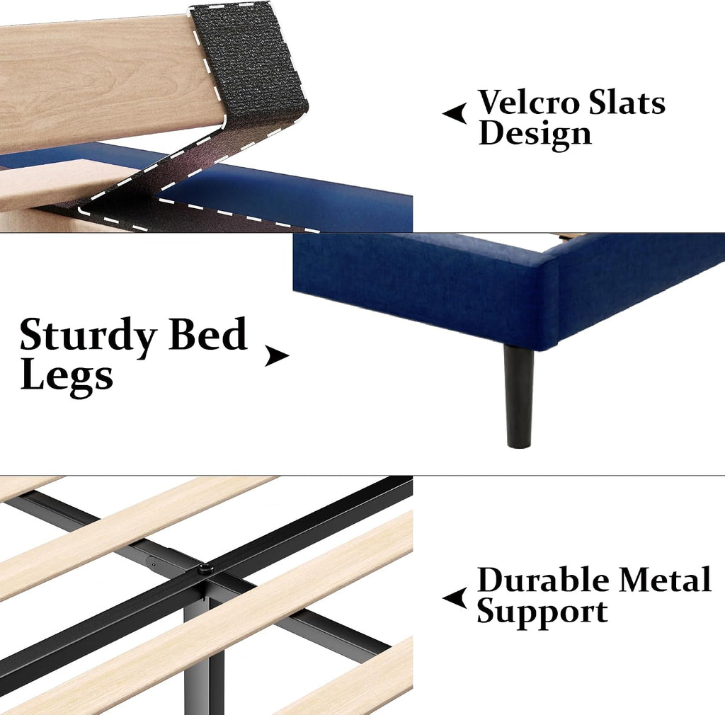 Gruwans Queen Size Bed Frame with Upholstered Wingback Headboard, Easy Assemnly Platform Bed, Wooden Slat Support No Box Spring Needed, Navy Blue