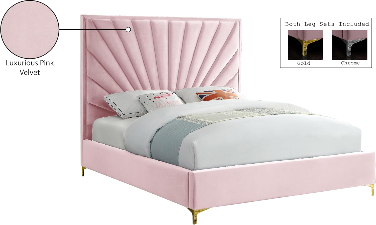 Meridian Furniture Eclipse Collection Modern | Contemporary Velvet Upholstered Bed with Channel Tufted Design and Complete Sets of Gold and Chrome Legs Included, Full, Pink