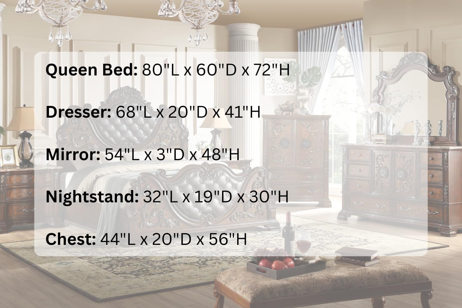 First of a Kind Santa Monica Traditional 5 Piece Queen Bedroom Set with Upholstered Tufted Headboard Elegant Classic Design Coordinated Furniture Collection, Cherry