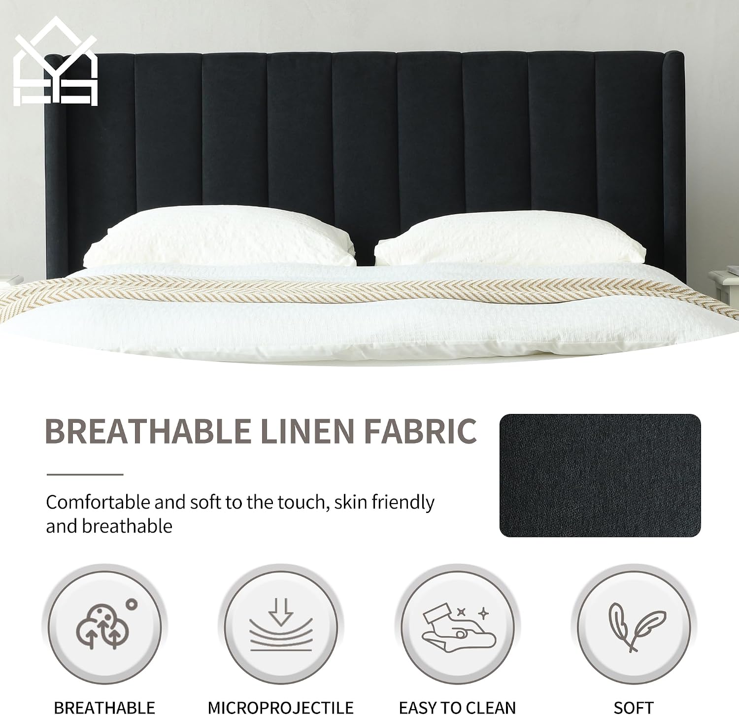 YUHUASHI upholstered Platform Bed Frame/King Bed Frame/Modern Geometric Double-Wing Design headboard/Linen Fabric/Easy to Assemble no Noise (Black, King (U.S. Standard))