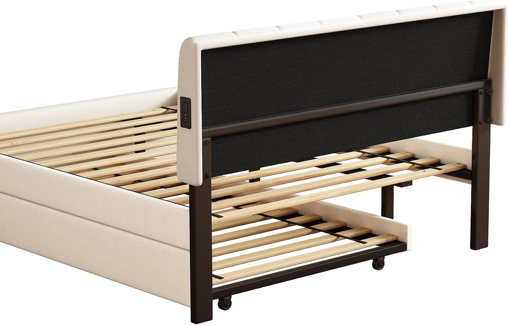 Full Size Upholstered Platform Bed with Trundle and 1 Sets of USB, Chenille Fabric Solid Wood Bedframe w/Wood Slats & LED Lights with APP for Bedroom,Beige
