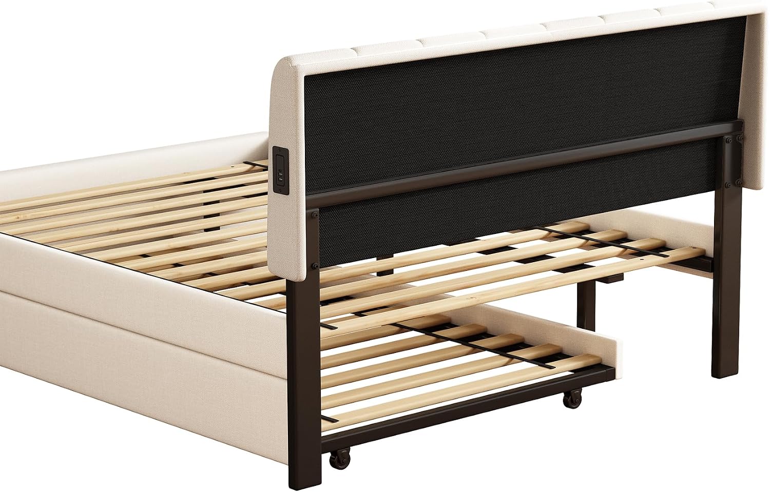 Full Size Upholstered Platform Bed with Trundle and 1 Sets of USB, Chenille Fabric Solid Wood Bedframe w/Wood Slats & LED Lights with APP for Bedroom,Beige