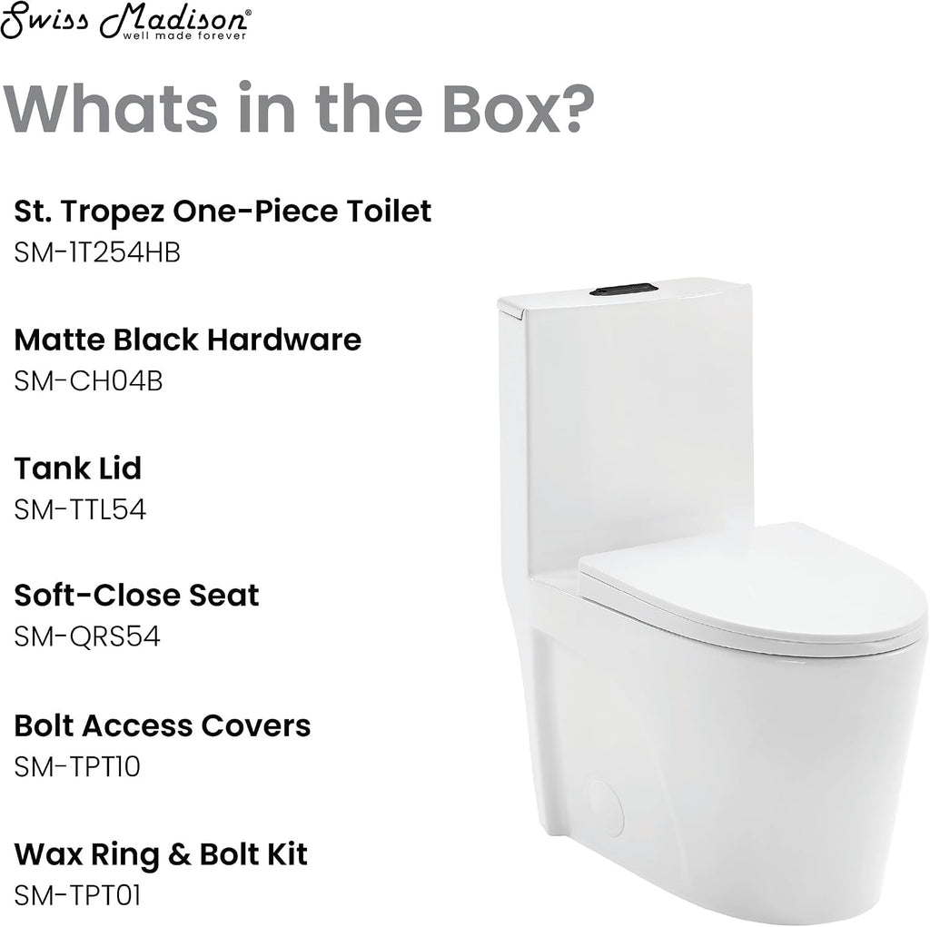 St. Tropez One Piece Elongated Toilet Dual Vortex™ Flush, Black Hardware
