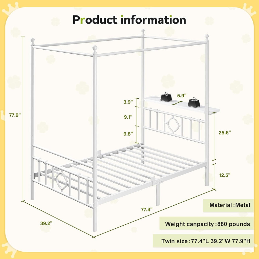 Homkdom Canopy Bed Frame with Storage Headboard, Twin Size Bed Frame with 4 Removable Posts, Sturdy Metal Platform with Under-Bed Storage, Dual Purpose Bed Frame, No Box Spring Needed, White