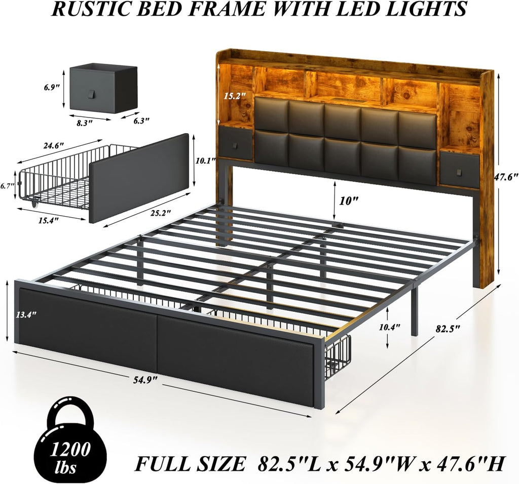 TIGUBFRE LED Bed Frame Full Size with Bookshelf PU Leather Headboard, 2 Hidden Storage Drawers, Upholstered Platform Bed with Charging Station, Metal Slats Support, Noise Free, No Box Spring Needed