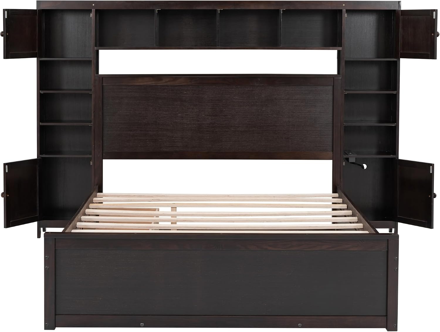 Queen Storage Bed with Bookcase Headboard, Queen Size Platform Bed with Trundle and 2 Storage Drawers, Solid Wood Queen Size Bed Frame with Cabinet and Shelf, No Box Spring Needed (Espresso)