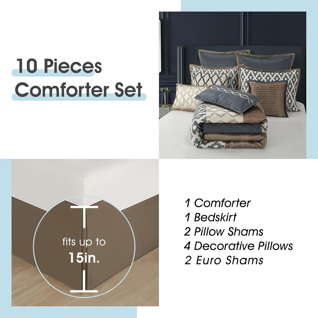 LANCO MODERN LIFESTYLE Queen Comforter Set, Grey Brown, 10 Piece Bed in a Bag for All Seasons, Luxury Extreme Comfort Bedding Sets with Bedskirt, Pillow Shams, Euro Shams and Decor Pillows