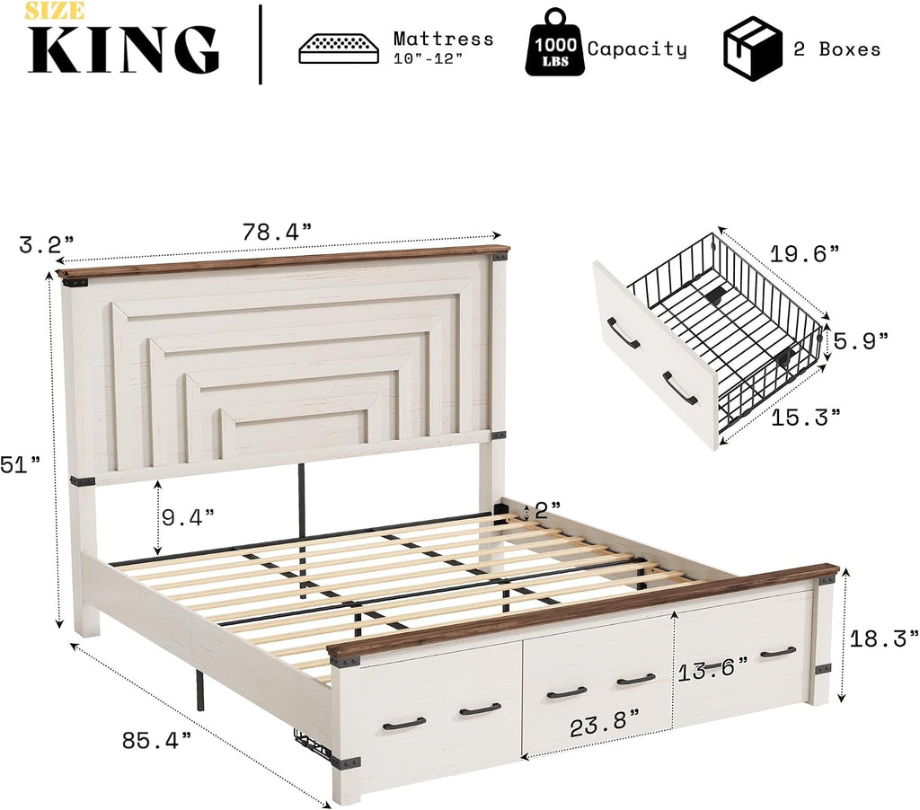 AMERLIFE Farmhouse King Size Bed Frame with 51' Tall Geometric Headboard & Footboard, Rustic Wood Platform Bed Frame/w 3 Large Storage Drawers, Wood Slats Support, No Box Spring Needed, Rustic White