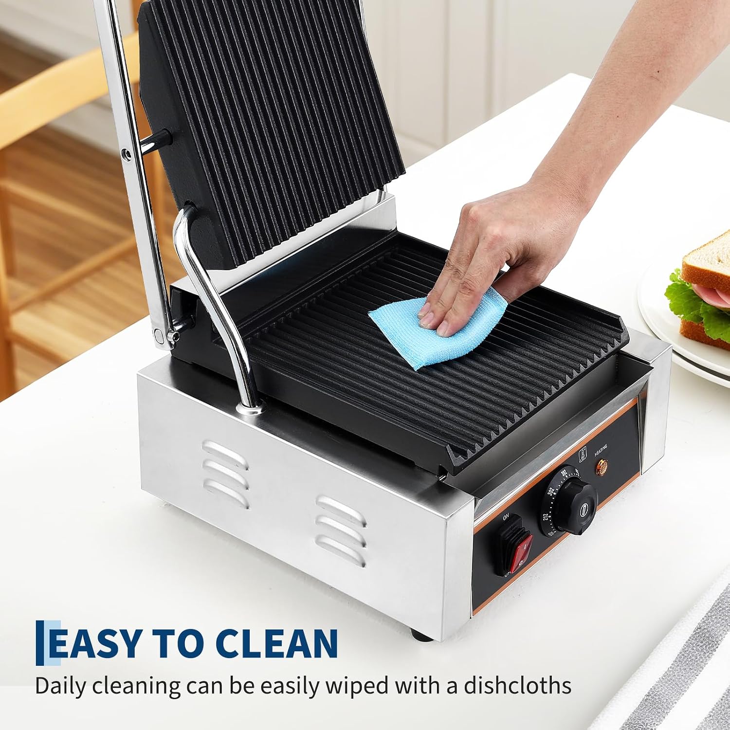 YS-811C 1800W Commercial Panini Press & Electric Grill, 9x9 Inch Sandwich Maker with 6-Temp Control, 110V Indoor Grill for Burgers, Panini, Breakfast, Silver