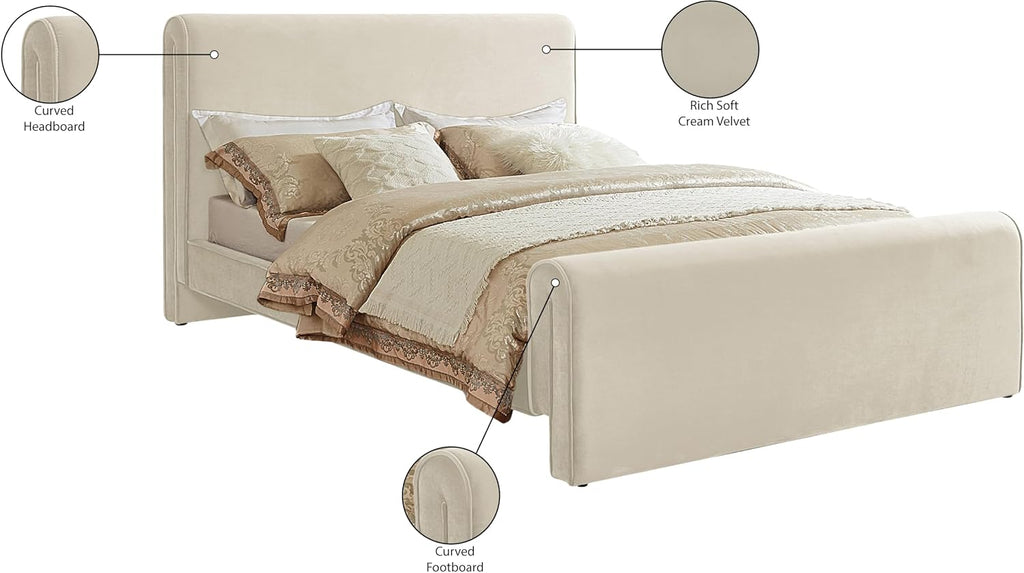 Meridian Furniture SloanCream-K Sloan Collection Modern | Contemporary Velvet Upholstered King Bed with Rich Soft Cream Velvet, Curved Headboard and Footboard, 82' W x 96' D x 45' H, Cream, King