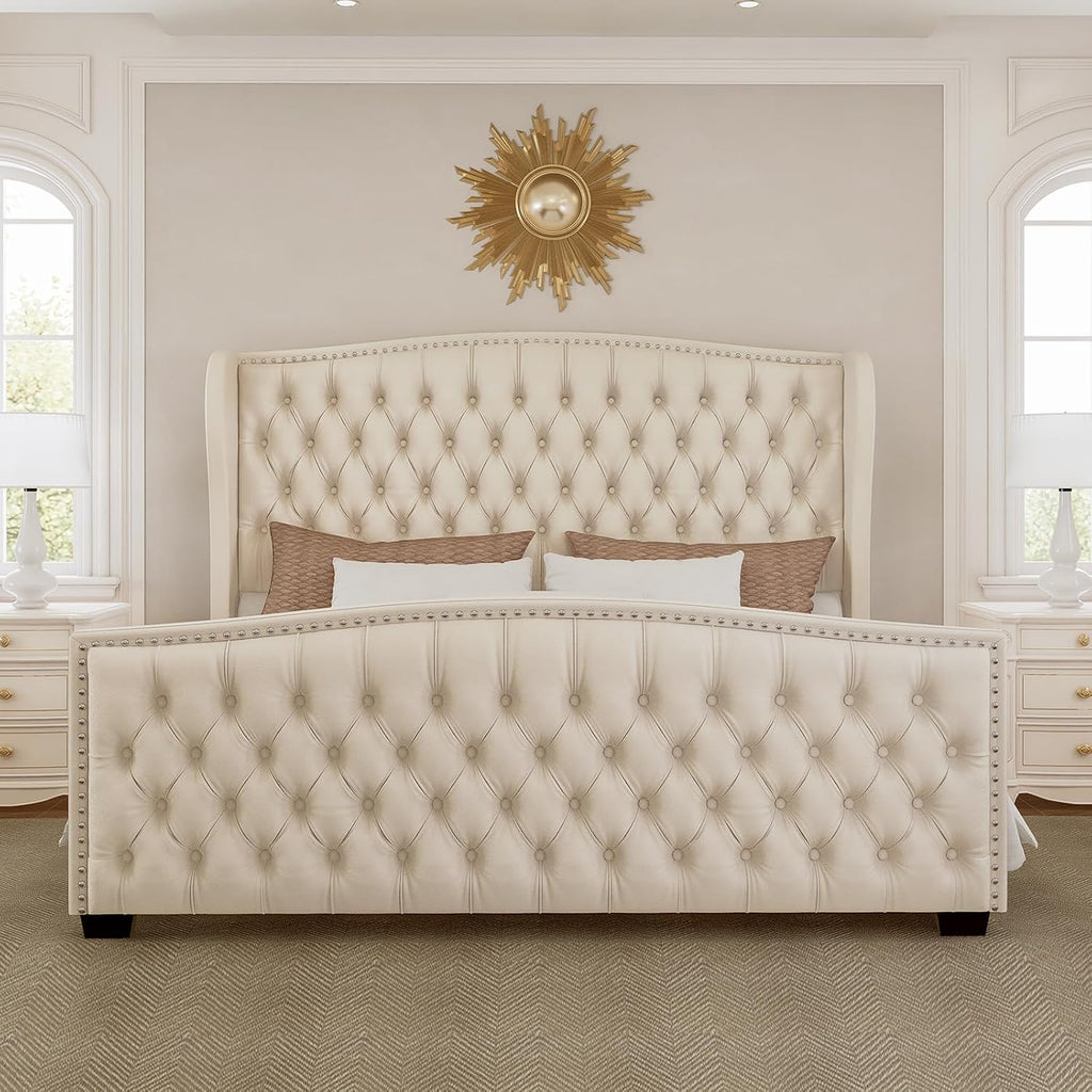 LUXOAK King Platform Bed Frame with Wingback Headboard, Velvet Upholstered Bed Frame with Handmade Button Tufted & Nailhead, Wooden Slats Support, Cream