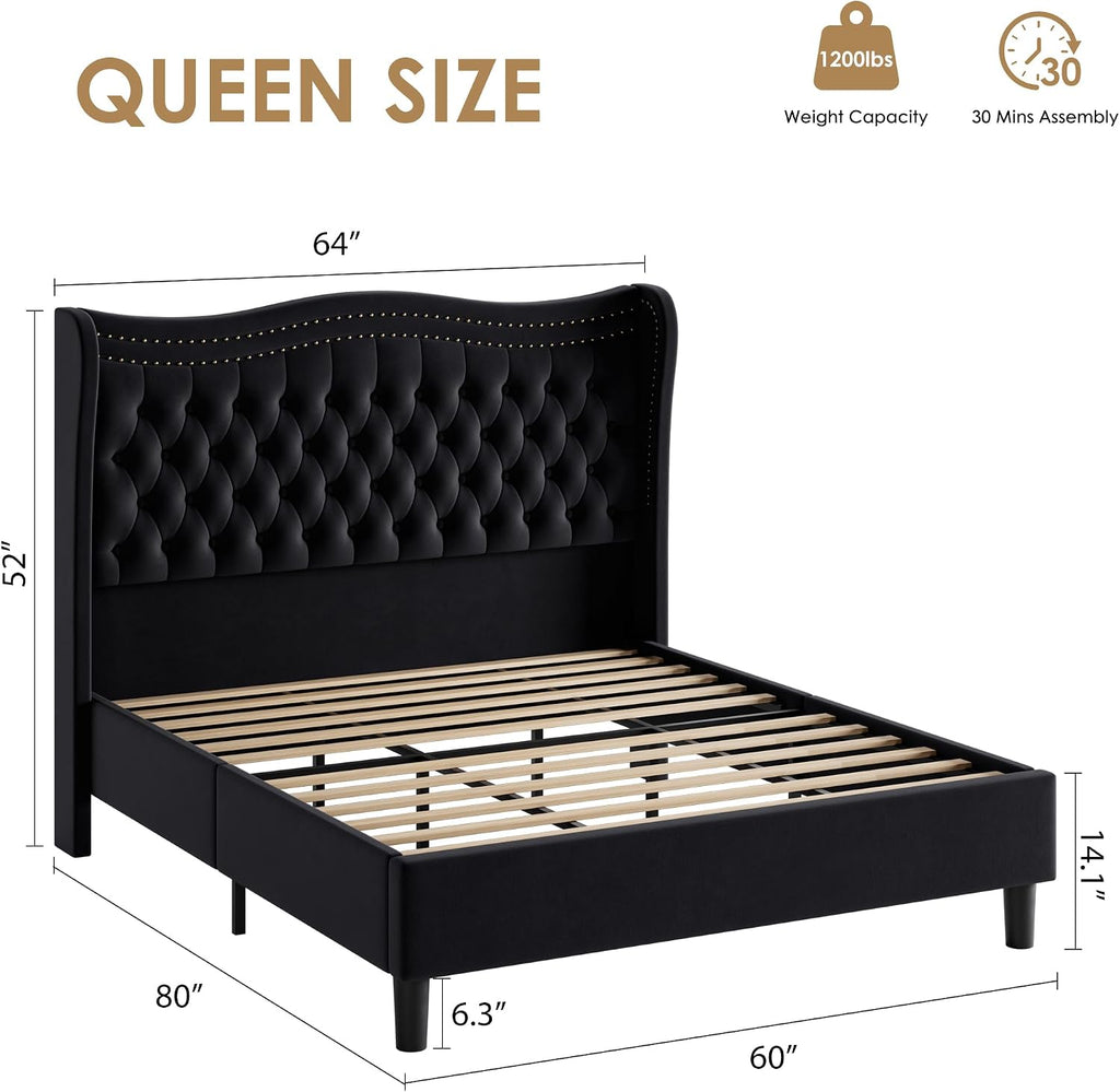 Upholstered Queen Size Bed Frame with Tall Headboard, Velvet Wingback Platform Bed Frame with Deep Button Tufted, No Box Spring Needed, Noise Free, Black