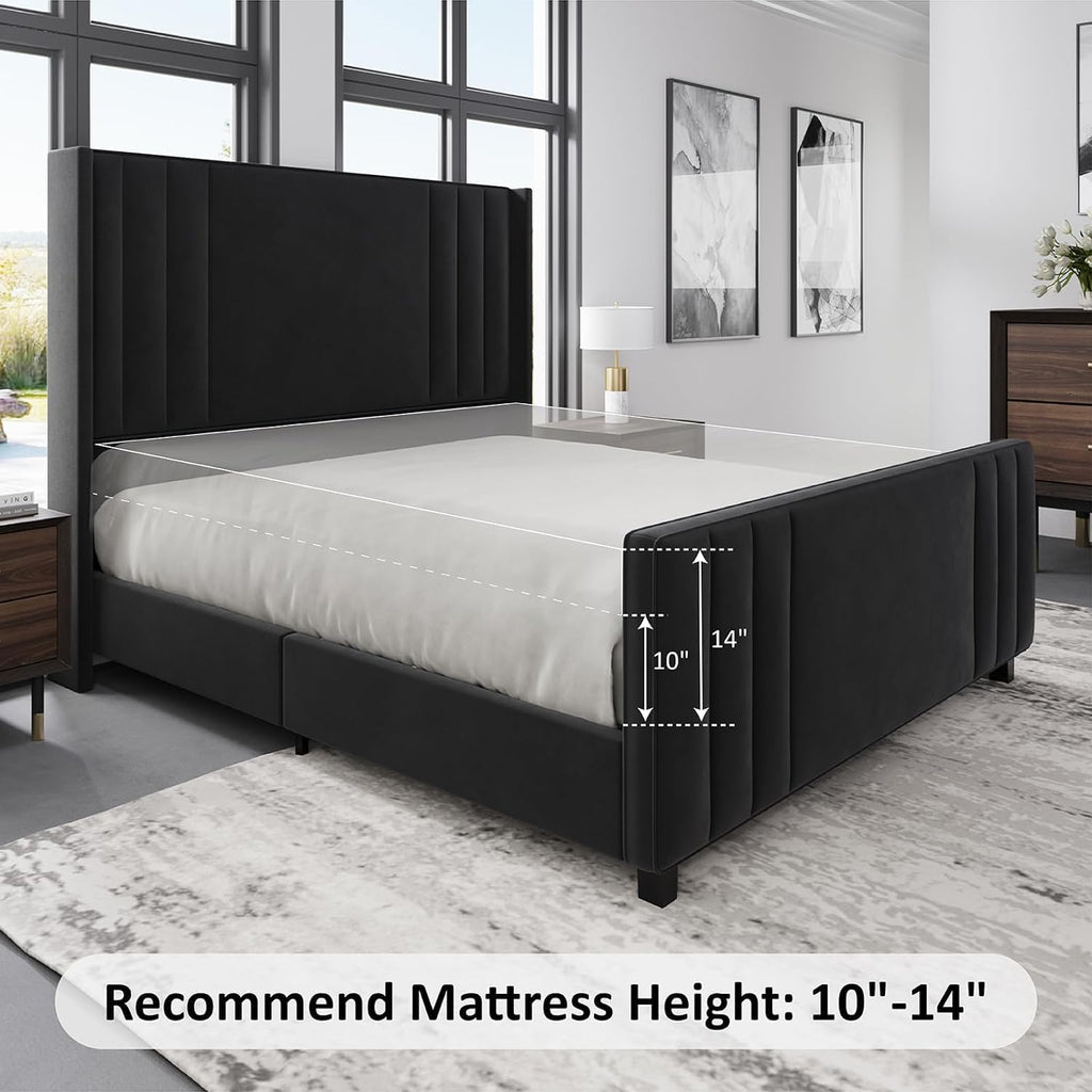 Albott King Size Platform Bed Frame, Upholstered Bed with Vertical Channel Tufted Wingback Headboard & Footboard, Premium Velvet, No Box Spring Needed, Black