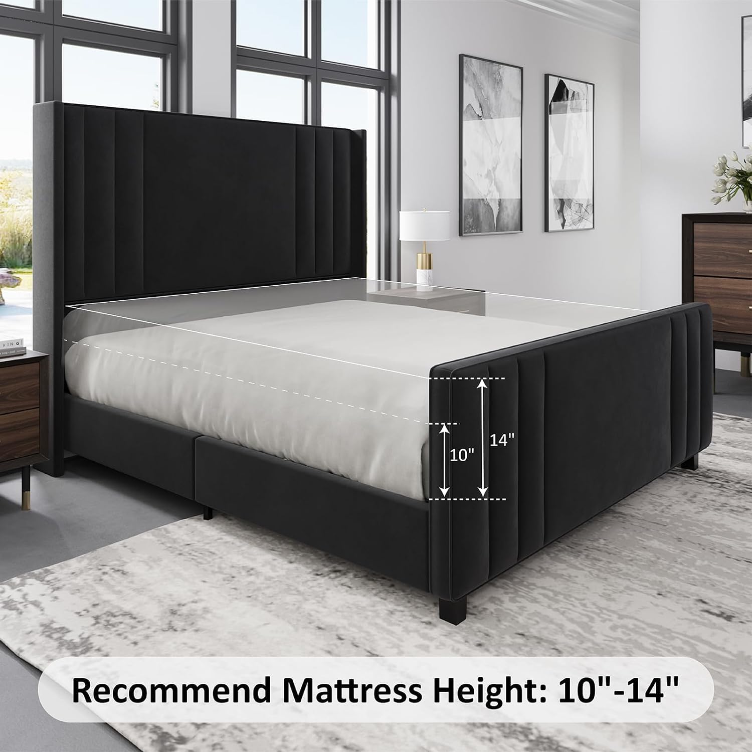 Albott King Size Platform Bed Frame, Upholstered Bed with Vertical Channel Tufted Wingback Headboard & Footboard, Premium Velvet, No Box Spring Needed, Black