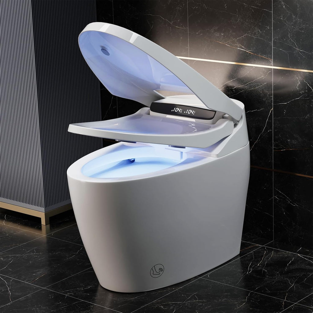 Smart Toilet with Bidet and Foam Shield Splash-Proof Protection, Touchless Auto Open Lid & Self-Cleaning, Modern Tankless Toilet with Remote Control, Heated Seat for Home Use