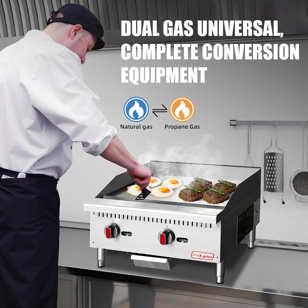 Commercial Gas Griddle - 24' Countertop Griddle. 60,000 BTU Flat Top Griddle, Natural Gas (NG) / Propane, CSA Certified