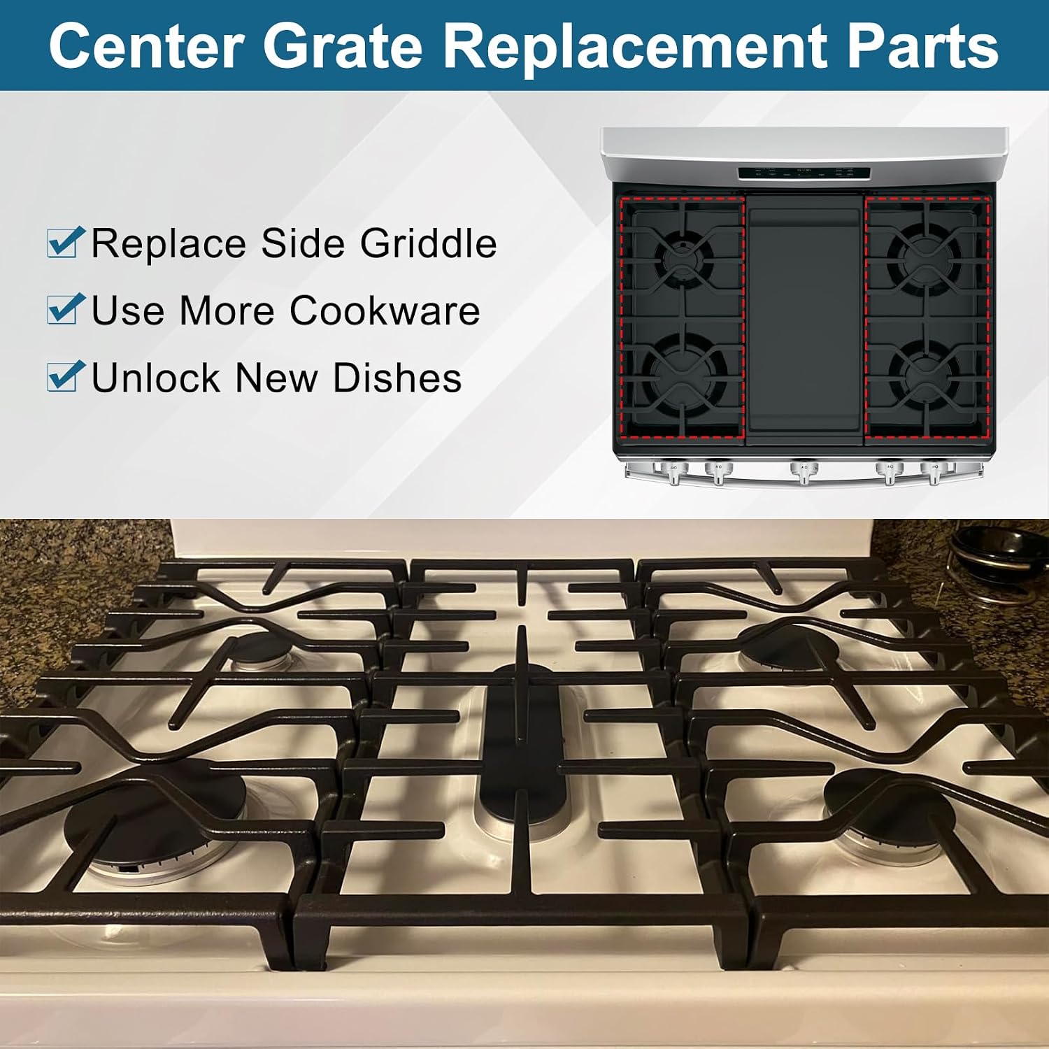 Criditpid WB31X27151 Side Grate & WB31X27150 Center Grate Kit Replacement Parts for GE Stoves, General Electric Gas Range Burner Grate for JGBS66REKSS JGB735SPSS JGBS86SPSS, 2+1 Pack.