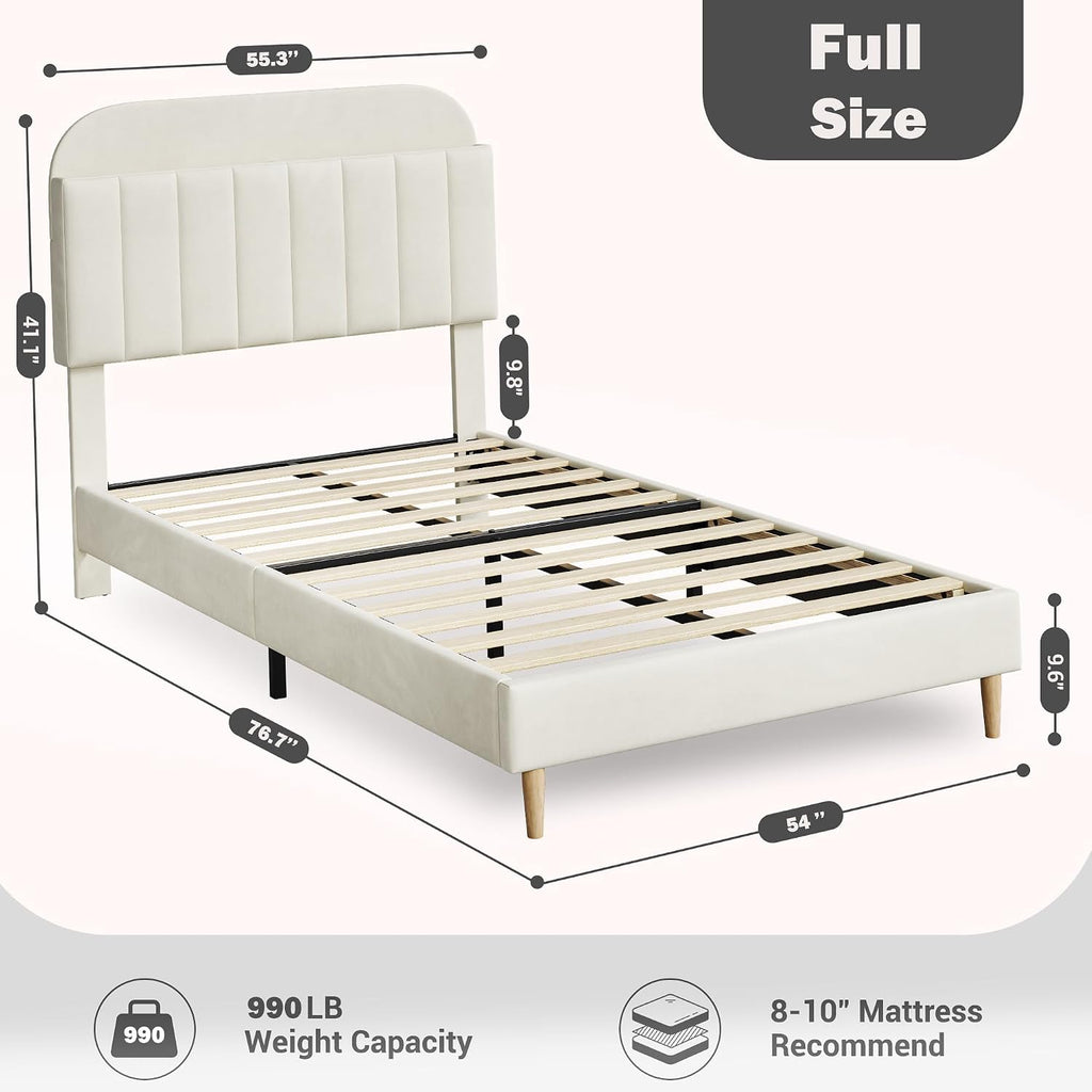 IDEALHOUSE Full Bed Frames, Upholstered Platform Bed Frame with Bookcase Headboard, Velvet Platform Bed Mattress Foundation, Heavy Duty Steel Support Legs, Easy Assembly, Noise Free, Cream White