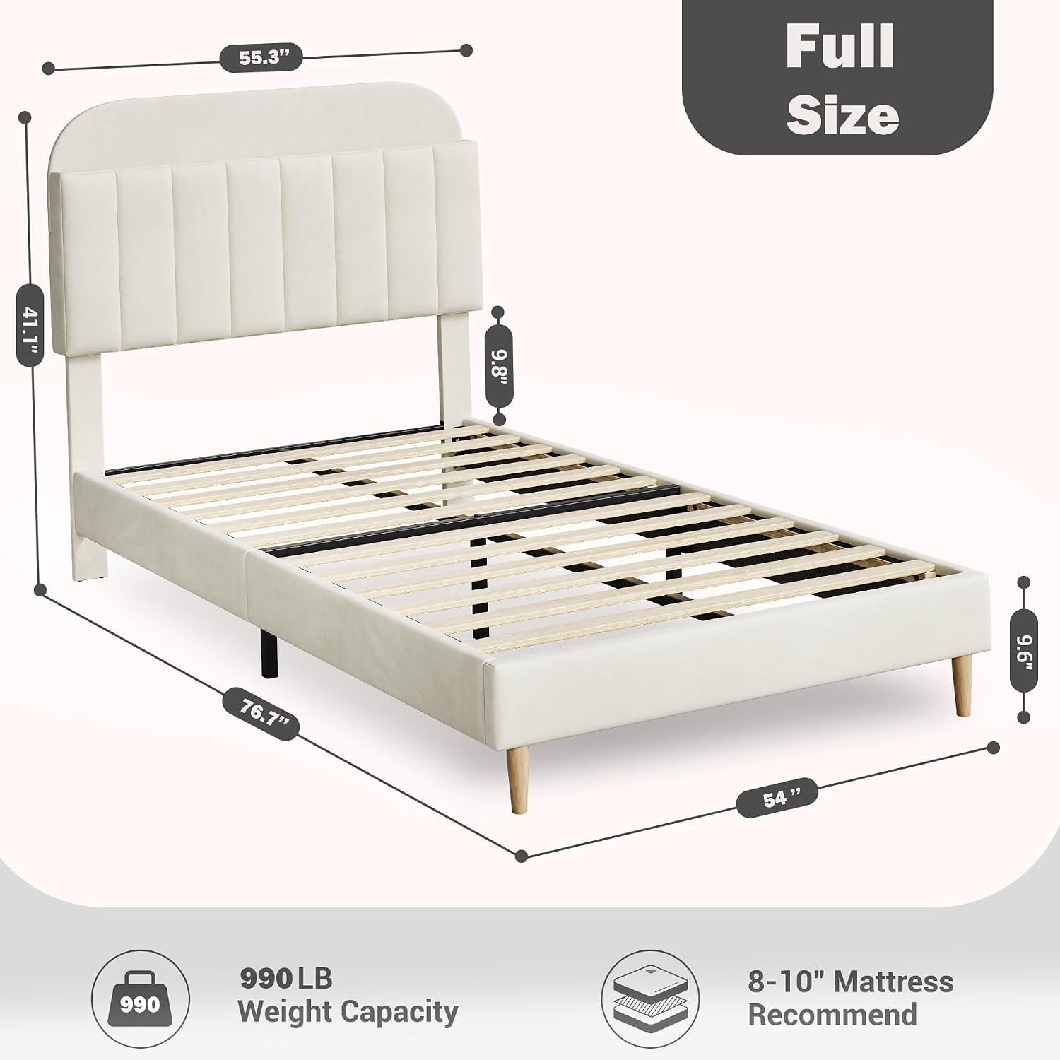 IDEALHOUSE Full Bed Frames, Upholstered Platform Bed Frame with Bookcase Headboard, Velvet Platform Bed Mattress Foundation, Heavy Duty Steel Support Legs, Easy Assembly, Noise Free, Cream White