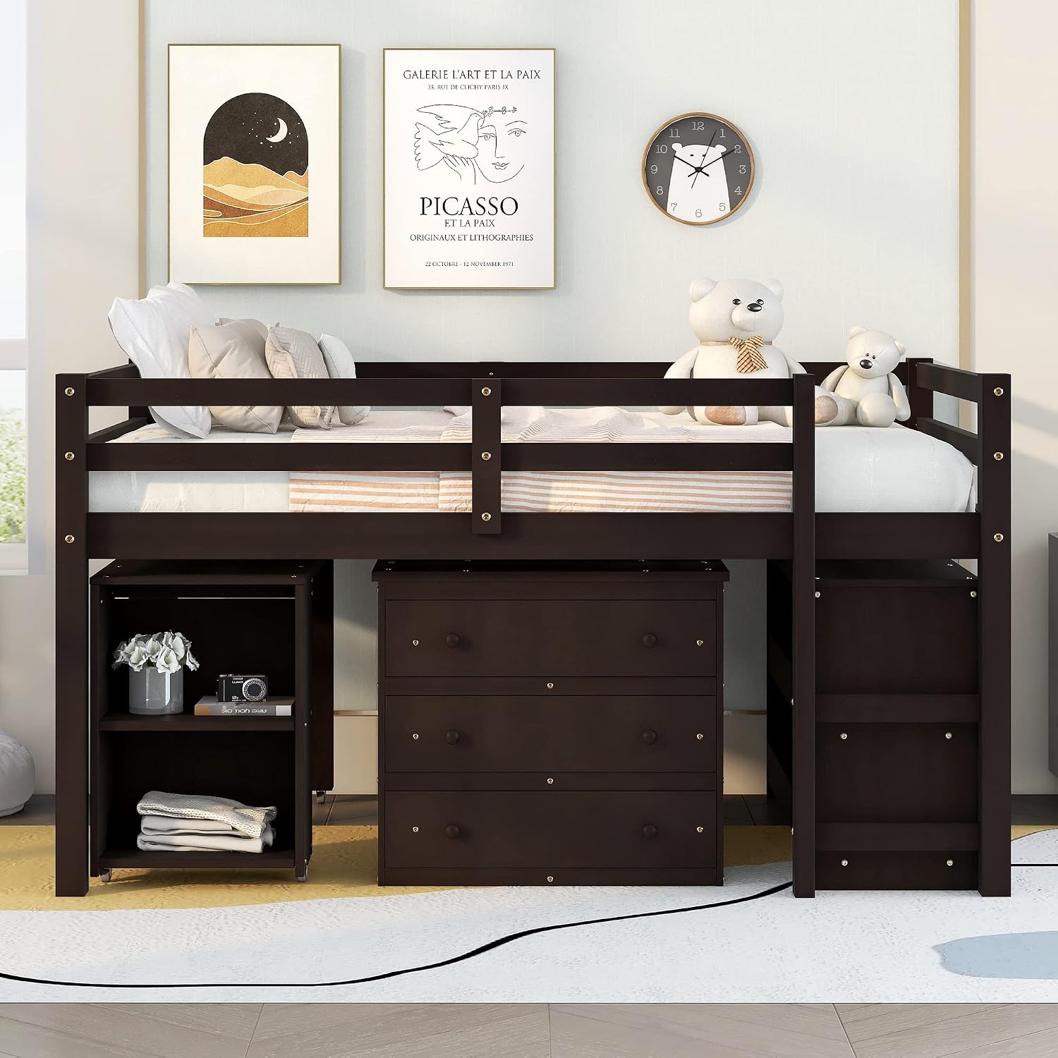 Low Loft Bed Loft Bed with Drawers and Storage Cabinet, Solid Wood Loft Bed with Desk and Shelves for Kids Teens Adults, No Box Spring Needed, Space Saving, Full Size, Espresso