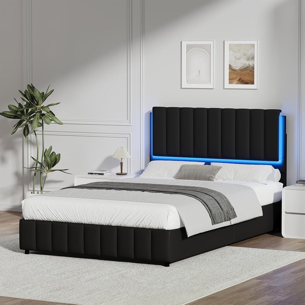 REVOMINCA Queen Size Bed Frame with Headboard and LED Lights, Modern Upholstered Faux Leather Platform Bed with Wooden Slats Support, No Box Spring Needed, Easy Assembly, Black