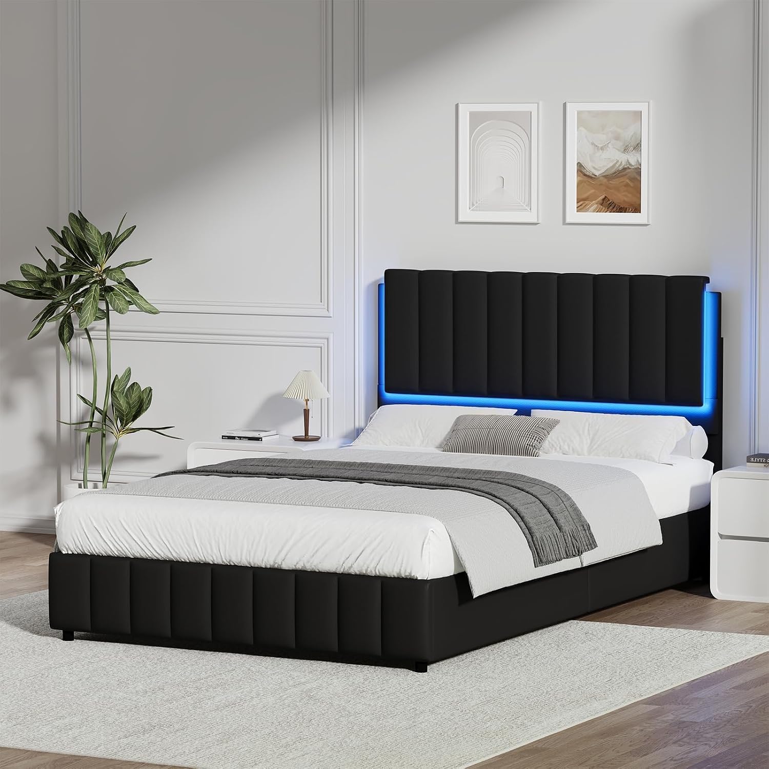 REVOMINCA Queen Size Bed Frame with Headboard and LED Lights, Modern Upholstered Faux Leather Platform Bed with Wooden Slats Support, No Box Spring Needed, Easy Assembly, Black