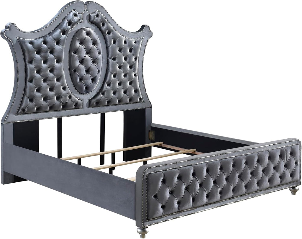 6pc Traditinal Gray Finish Luxury Upholstered King Size Panel Bed Set Arched Headboard Master Bedroom Furniture