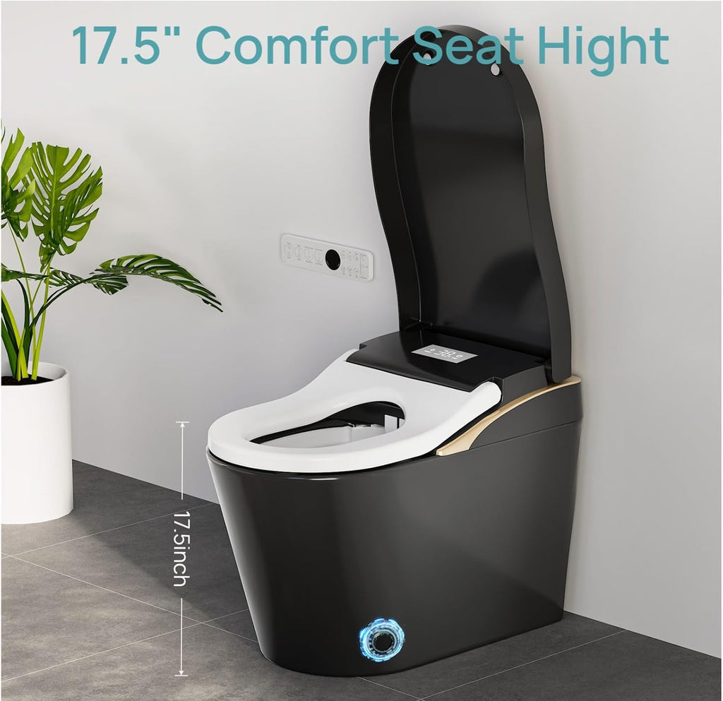 ZeHuoGe Tankless Modern Smart Toilet With Bidet, Auto Flush, Auto Open/Close,Heated Seat, Warm Water and Dry, Foam Shield Function (Matte Black)