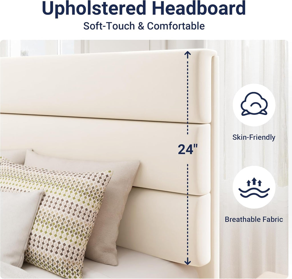 Allewie Full Size Platform Bed Frame with Velvet Upholstered Headboard and Wooden Slats Support, Fully Upholstered Mattress Foundation/No Box Spring Needed/Easy Assembly, Cream