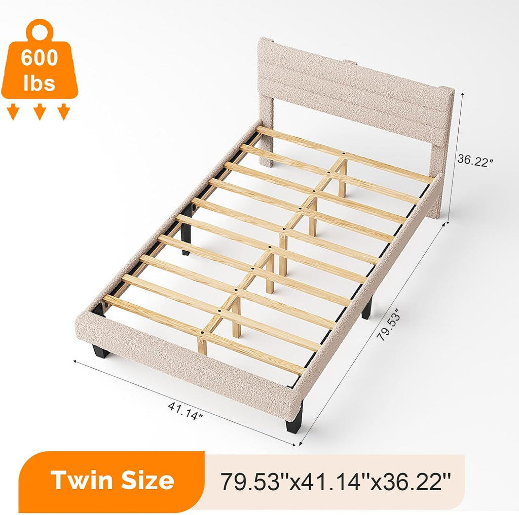 VINGLI Set of 2 Twin Bed Frames for Kids,Boucle Upholstered Platform Bed with Adjustable Headboard,Sturdy Wood Slats Support,Cloud Single Bed with Cream Design,Noise Free, Easy Assembly, Beige