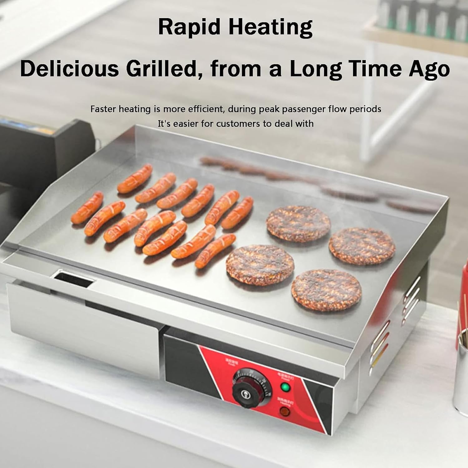 Commercial Griddle, Electric Griddle, Cast Iron Griddle, Stainless Steel Frame, 122℉-572℉ Adjustable Temperature Control, Removable Oil Storage Box, Restaurant Teppanyaki Grill,4400w